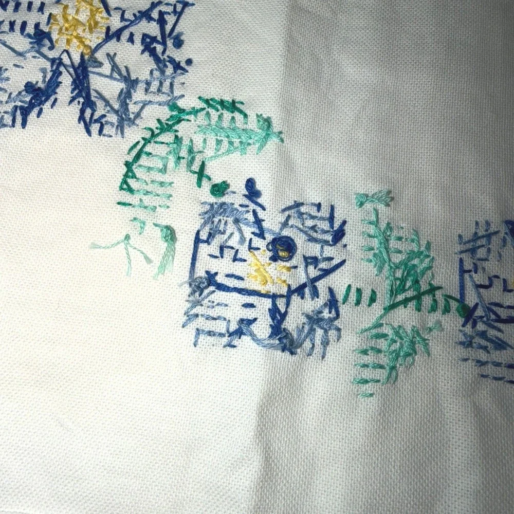 VTG Table Runner 25x10 White Blue Floral Cross Stitch Cottagecore‎ Farmhouse
